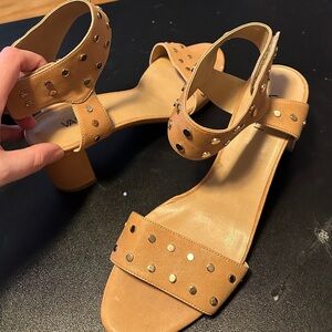 Vaneli Tan Heeled Sandals with Studded Straps
